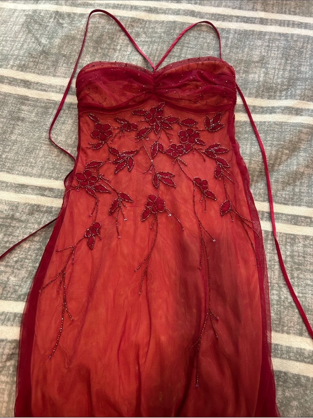 BCBGMaxAzria Red Beaded Floral Halter Dress